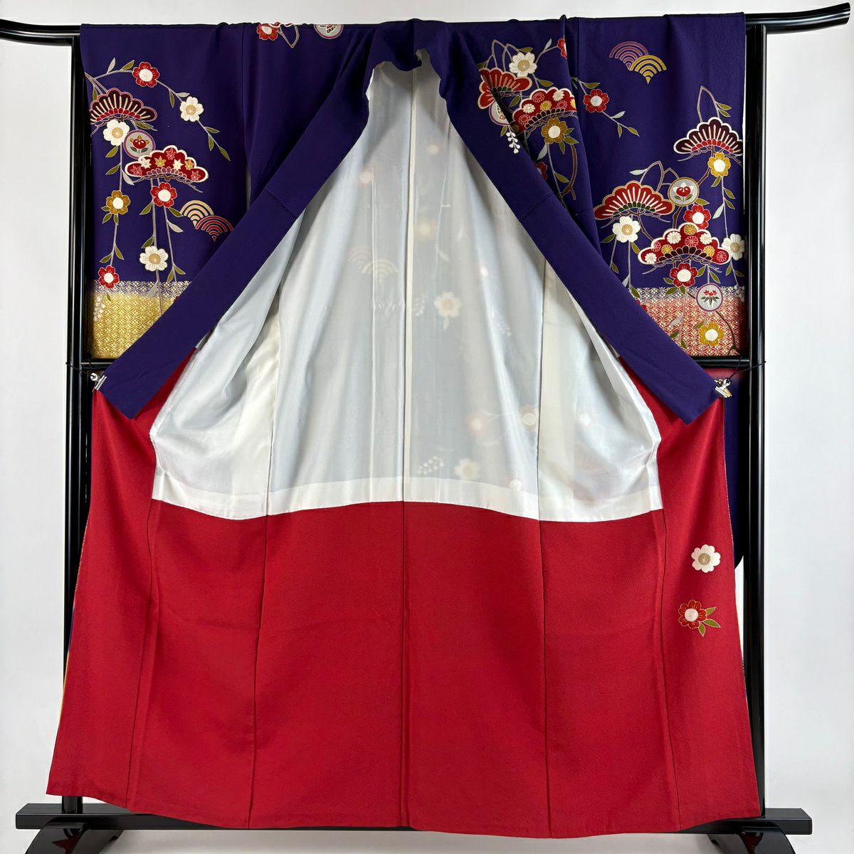 振袖禮服 身長159cm 袖長66.5cm M 雙層 笠松樹 枝垂櫻 金絲 金銀彩 紫 純蠶絲 名品級