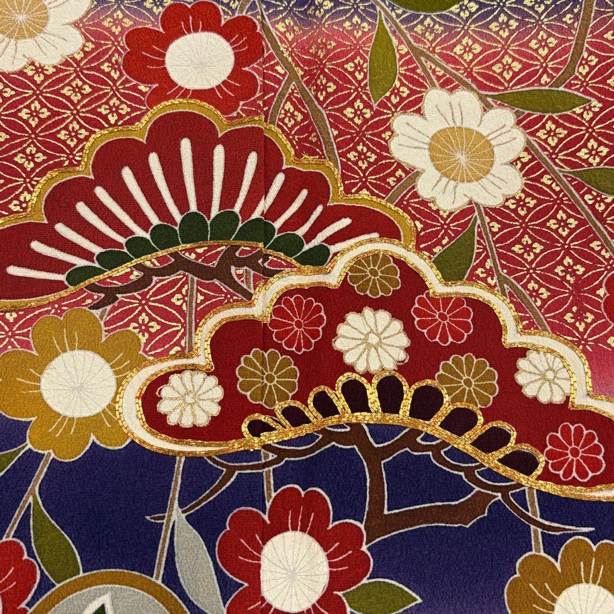 振袖禮服 身長159cm 袖長66.5cm M 雙層 笠松樹 枝垂櫻 金絲 金銀彩 紫 純蠶絲 名品級