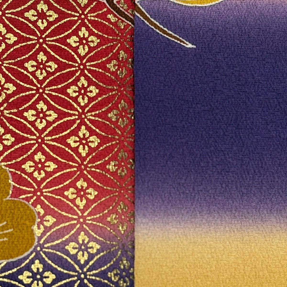振袖禮服 身長159cm 袖長66.5cm M 雙層 笠松樹 枝垂櫻 金絲 金銀彩 紫 純蠶絲 名品級