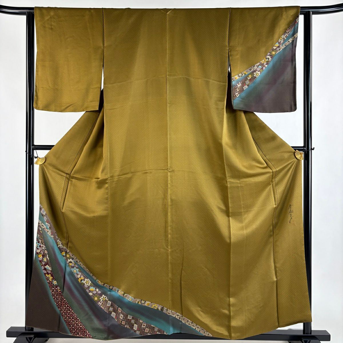 付下 身長157.5cm 袖長62.5cm S 雙層 斉藤三才 落款 草花紋紋 熨斗紋 金銀彩 染分 山吹茶 純蠶絲 名品級