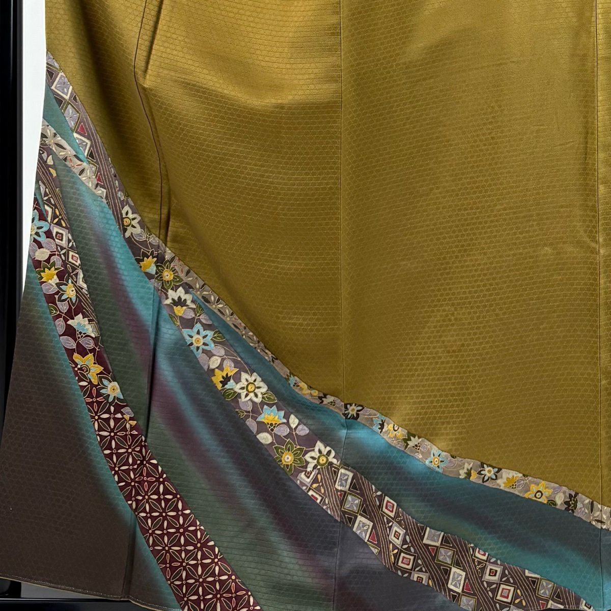 付下 身長157.5cm 袖長62.5cm S 雙層 斉藤三才 落款 草花紋紋 熨斗紋 金銀彩 染分 山吹茶 純蠶絲 名品級