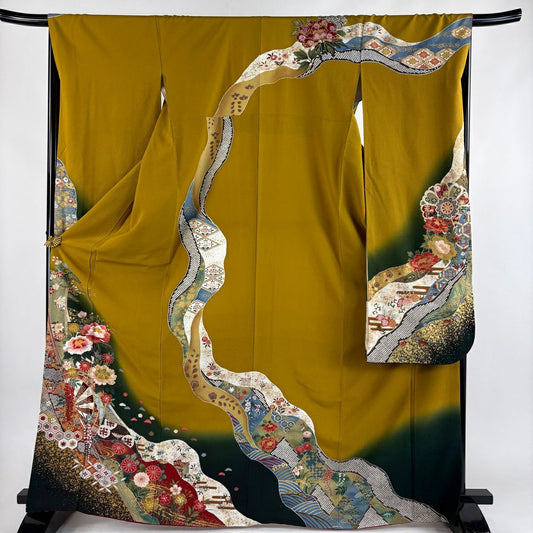 振袖禮服 身長167cm 袖長67cm M 雙層 草花紋紋 源氏車刺繡 金銀彩 黃土 純蠶絲 名品級