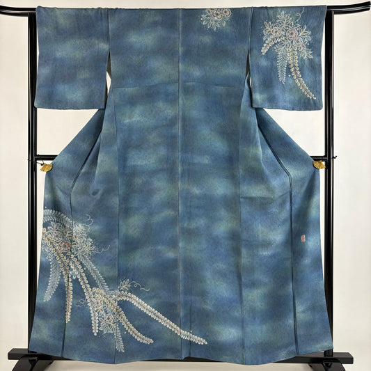 付下 身長158.5cm 袖長64cm M 雙層 徳永憲峯 落款あり 辻花染 金銀彩 ぼかし 青灰 純蠶絲 名品級