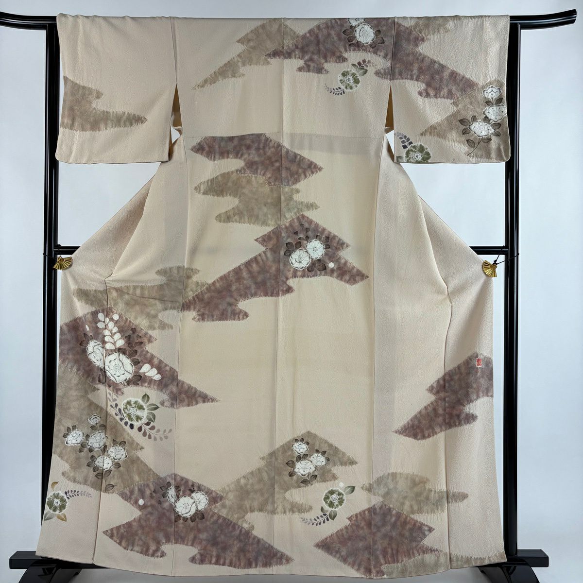 【美品】訪問服 身長162cm 袖長63.5cm S 雙層 滝泰 落款あり 草花紋紋 霞 絞染 淺粉色 純蠶絲 名品級