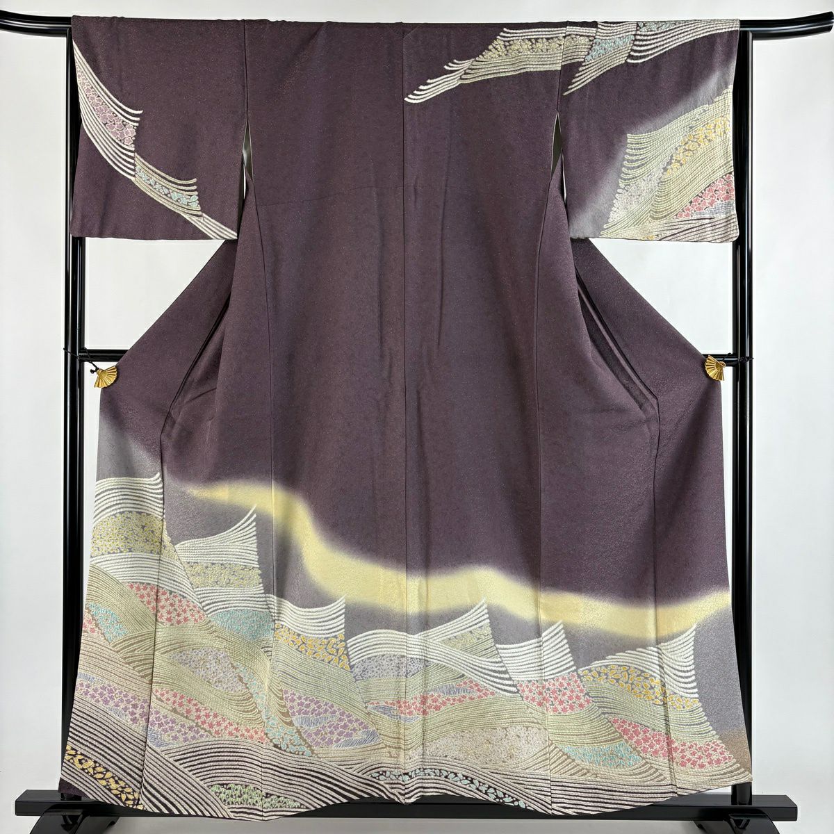 訪問服 身長157cm 袖長65.5cm M 雙層 波 櫻花 銀通 絞染 灰紫 純蠶絲 名品級