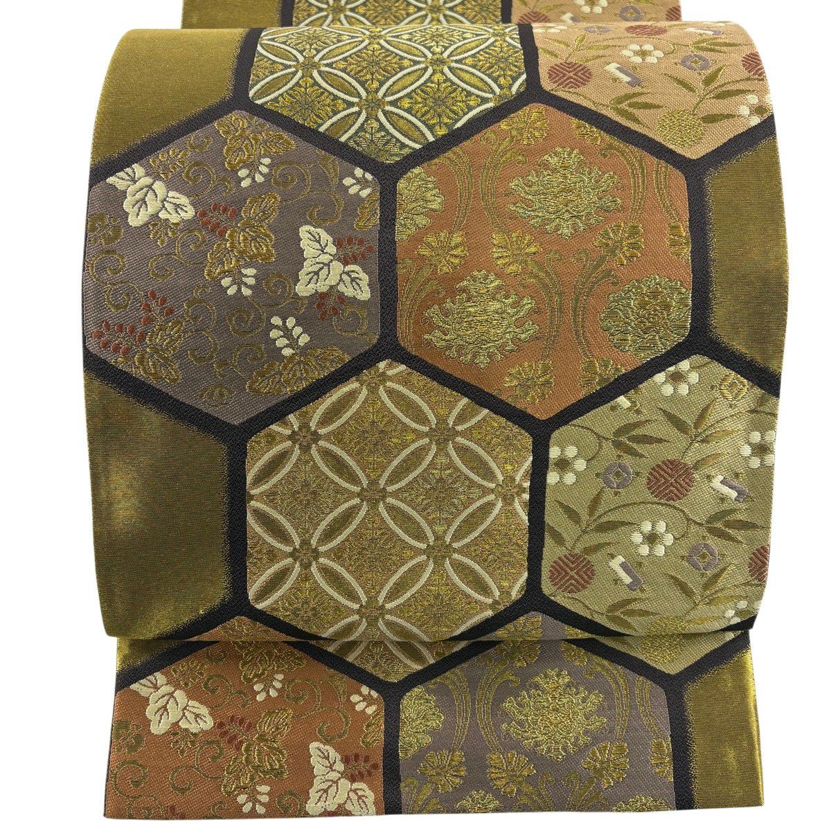 【美品】 袋帶 名品級 落款あり 本家加納 龜甲 草花紋 金絲 金金箔 金色 六通 純蠶絲