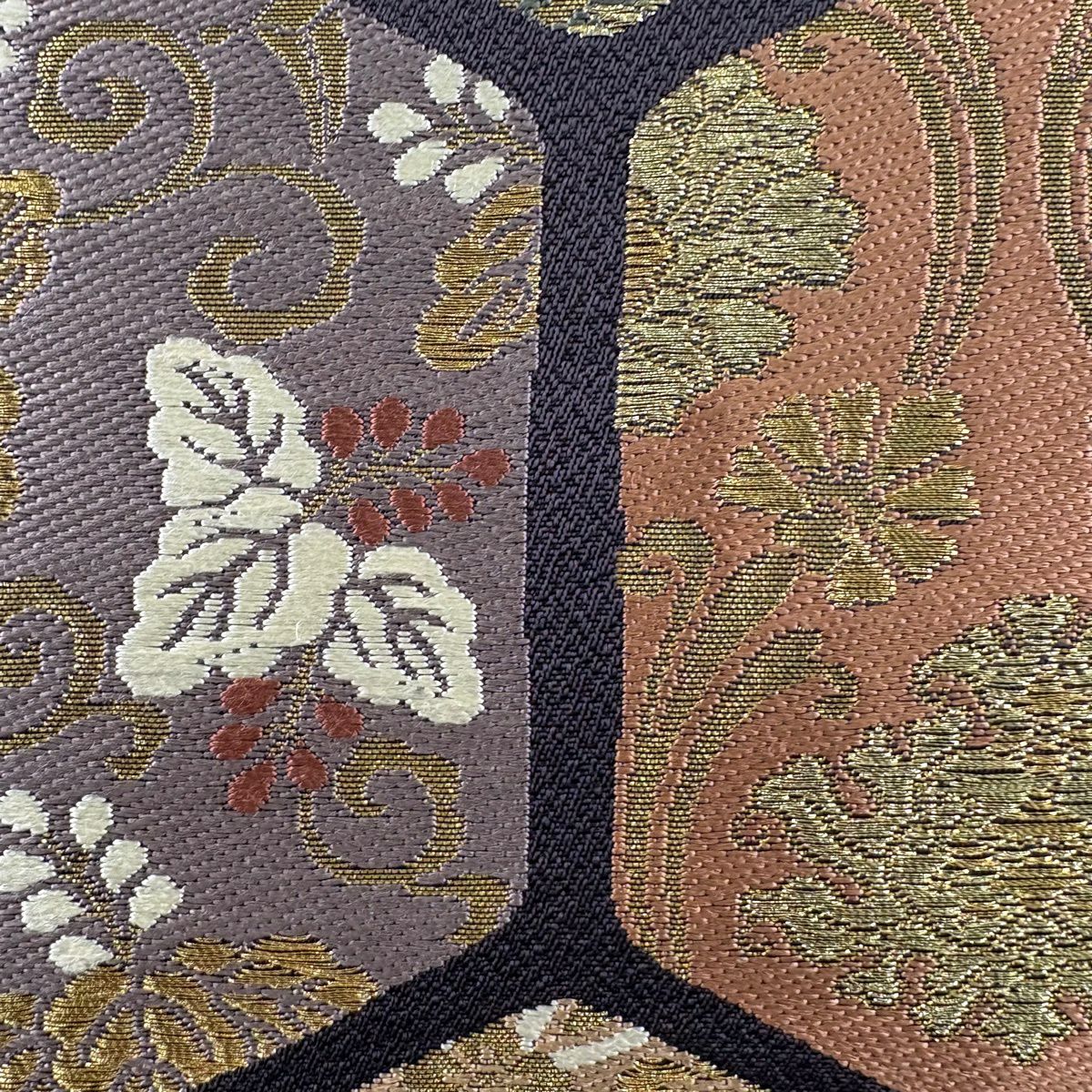 【美品】 袋帶 名品級 落款あり 本家加納 龜甲 草花紋 金絲 金金箔 金色 六通 純蠶絲