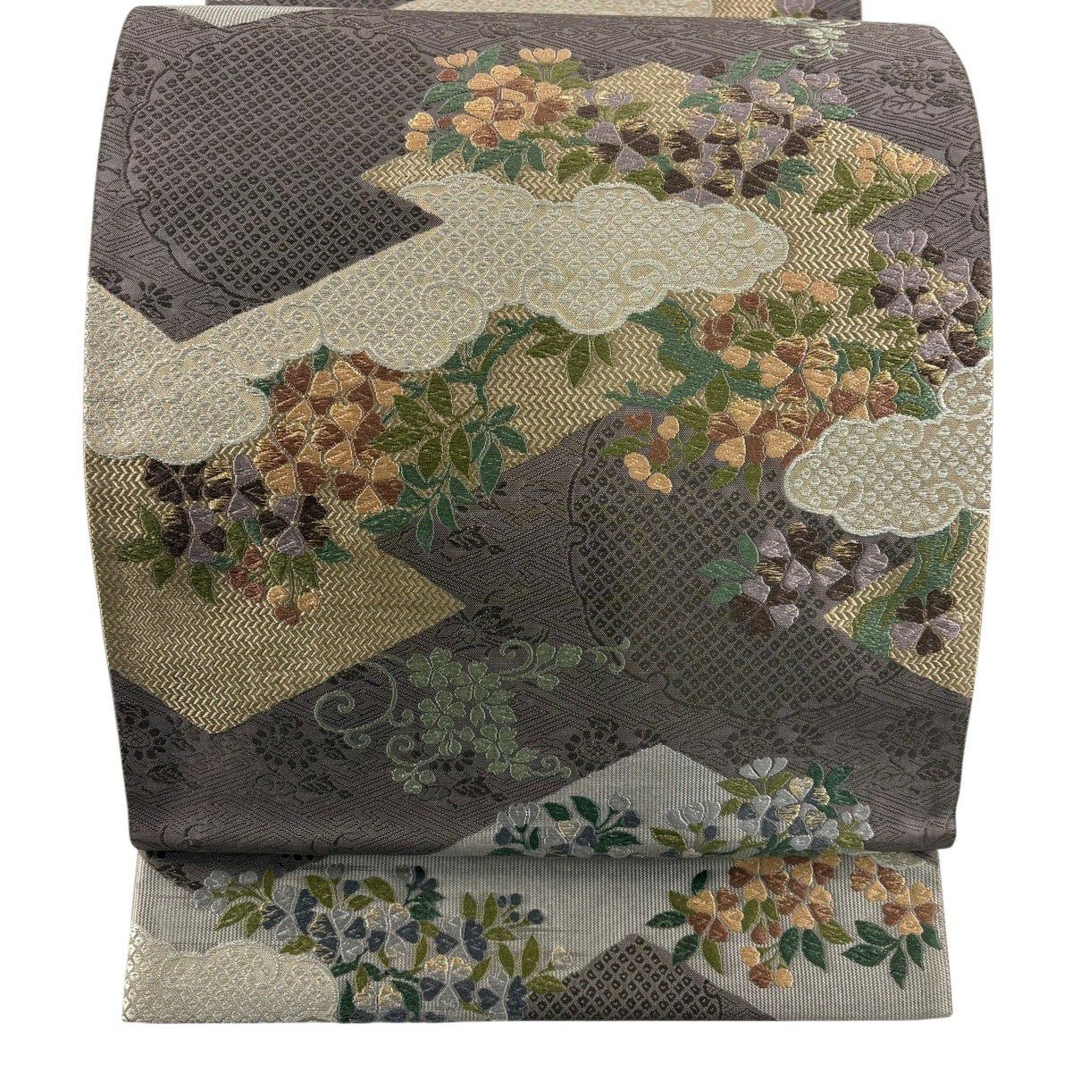【美品】 袋帶 名品級 草花紋紋 雲文 金絲 灰紫 六通 純蠶絲