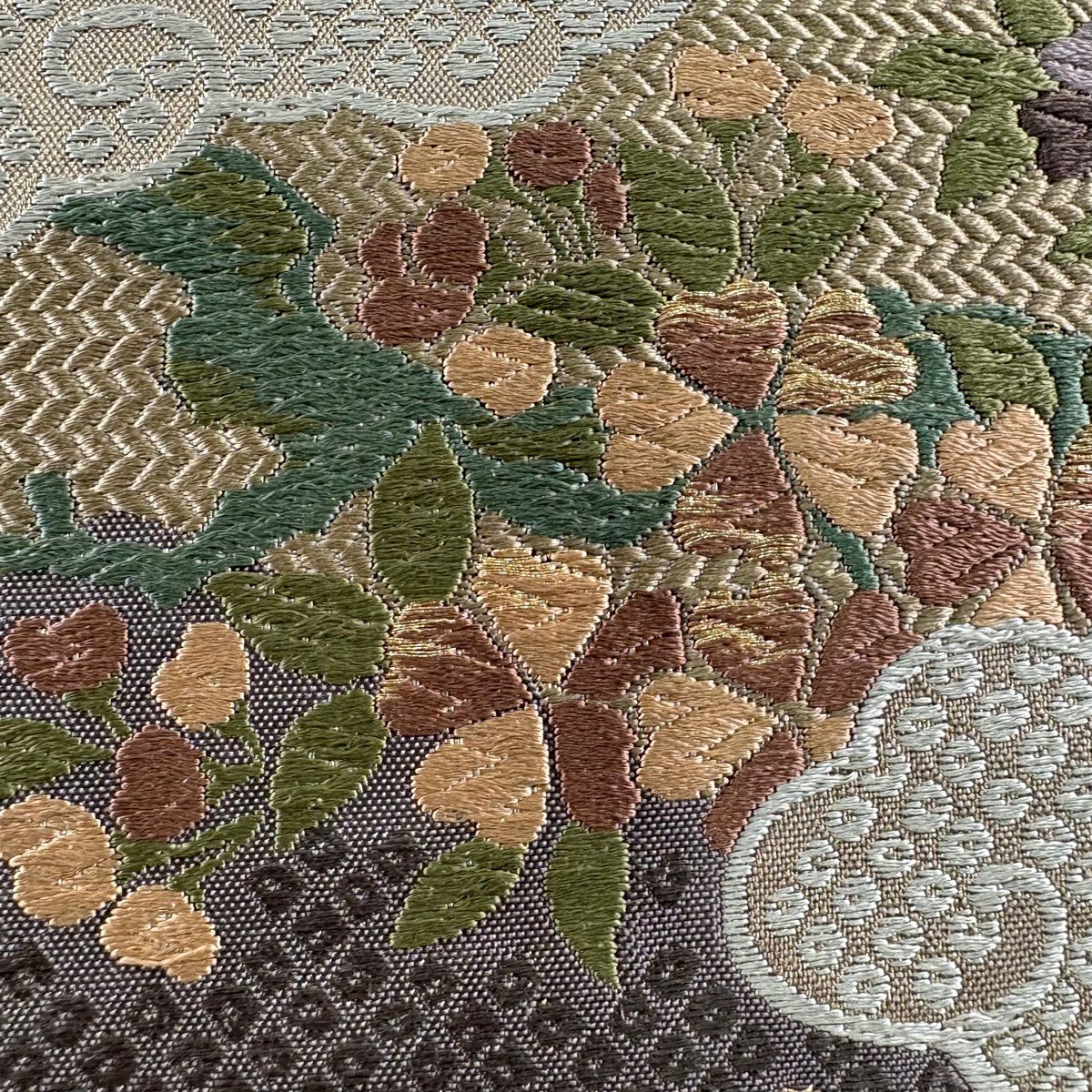 【美品】 袋帶 名品級 草花紋紋 雲文 金絲 灰紫 六通 純蠶絲