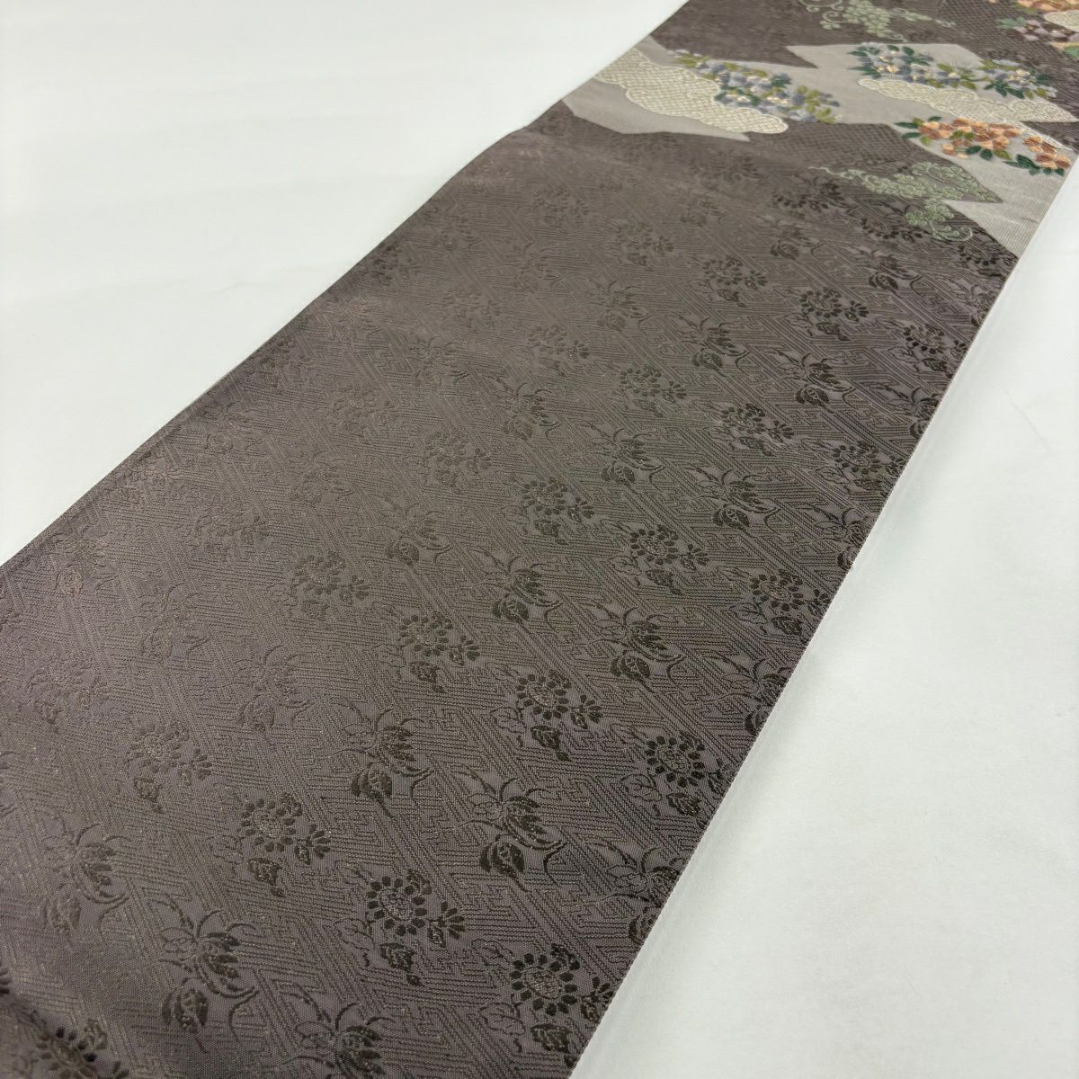 【美品】 袋帶 名品級 草花紋紋 雲文 金絲 灰紫 六通 純蠶絲