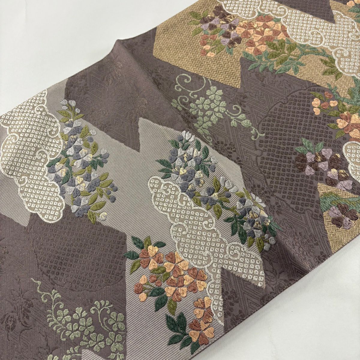 【美品】 袋帶 名品級 草花紋紋 雲文 金絲 灰紫 六通 純蠶絲