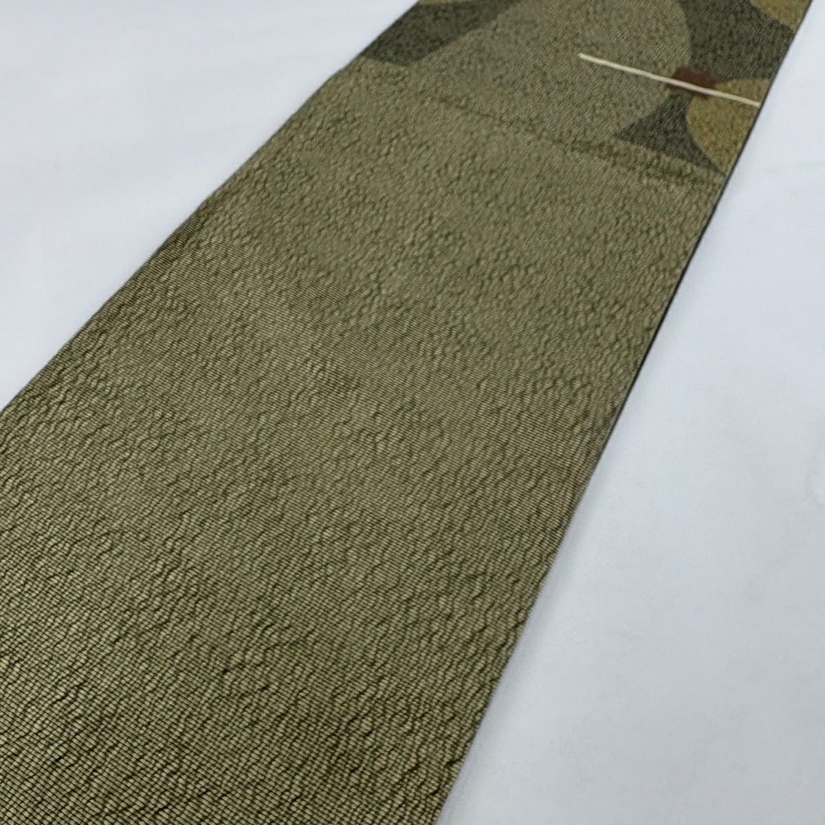 【美品】 袋帶 名品級 幾何學 茶綠 六通 純蠶絲