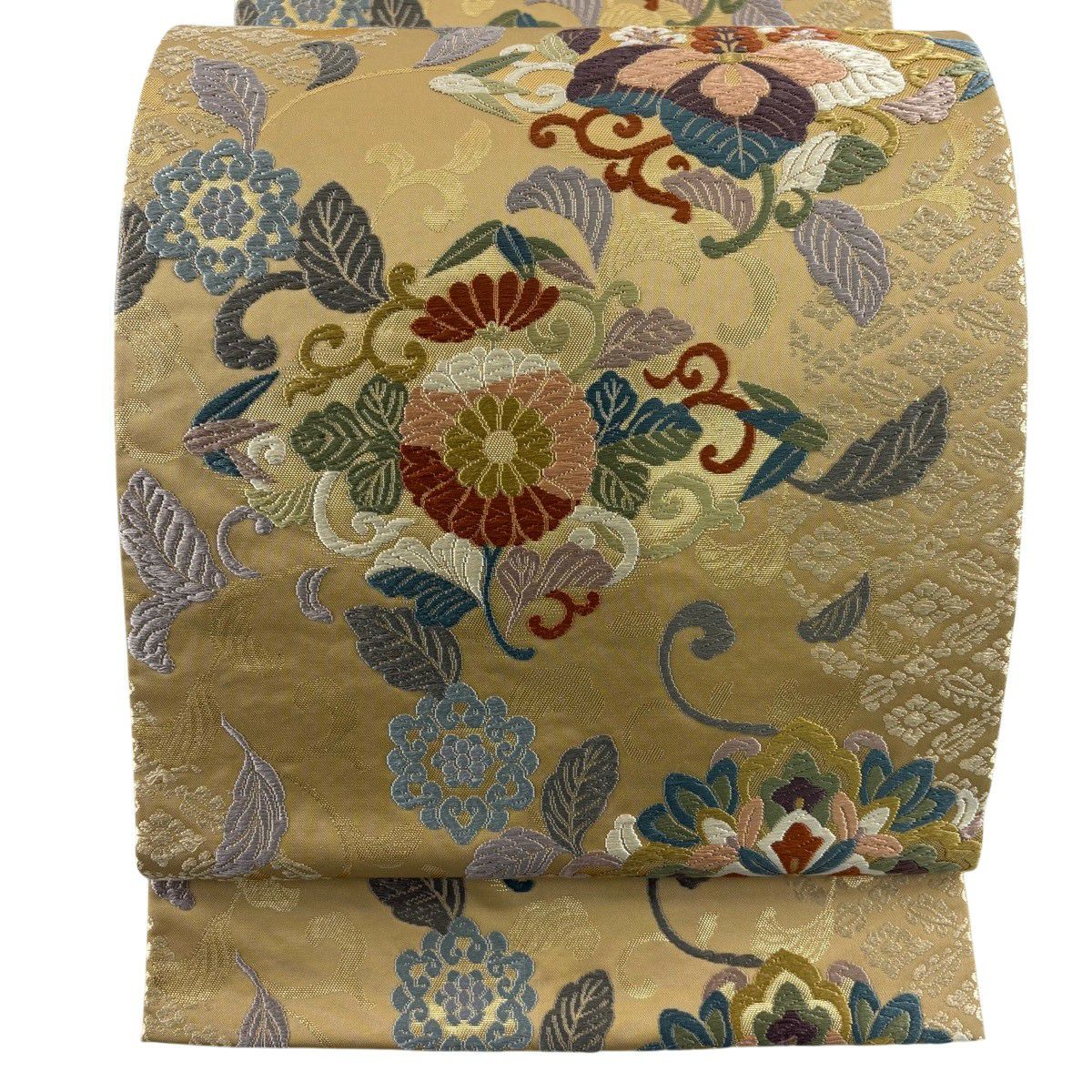 【美品】 袋帶 名品級 桐 鳳凰 唐織 金金箔 米色 六通 純蠶絲