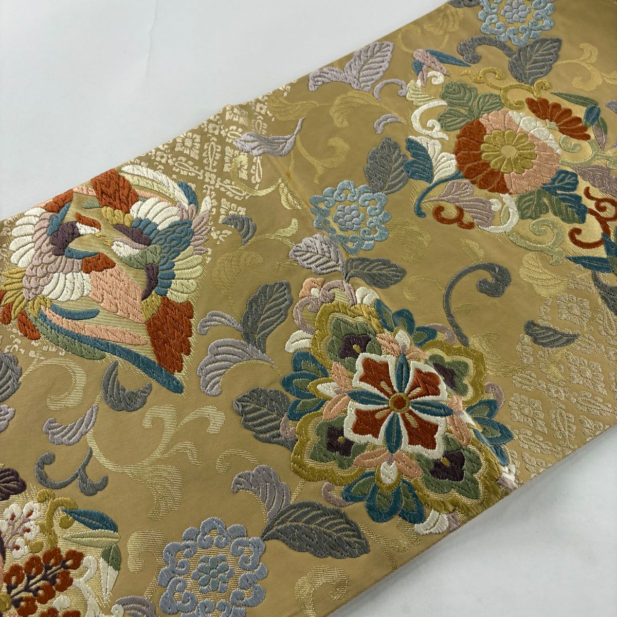【美品】 袋帶 名品級 桐 鳳凰 唐織 金金箔 米色 六通 純蠶絲