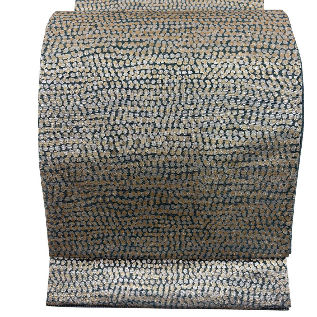 【美品】 袋帶 名品級 點點 幾何圖案 金金箔 灰綠 全通 純蠶絲