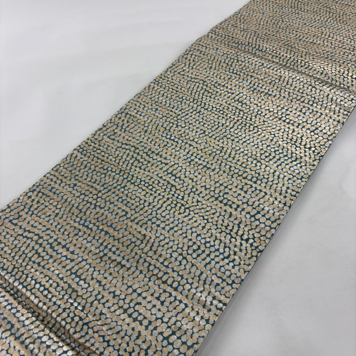 【美品】 袋帶 名品級 點點 幾何圖案 金金箔 灰綠 全通 純蠶絲