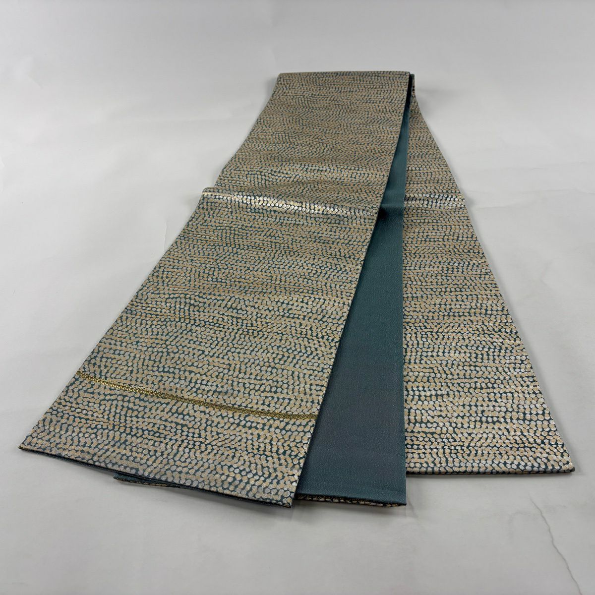 【美品】 袋帶 名品級 點點 幾何圖案 金金箔 灰綠 全通 純蠶絲