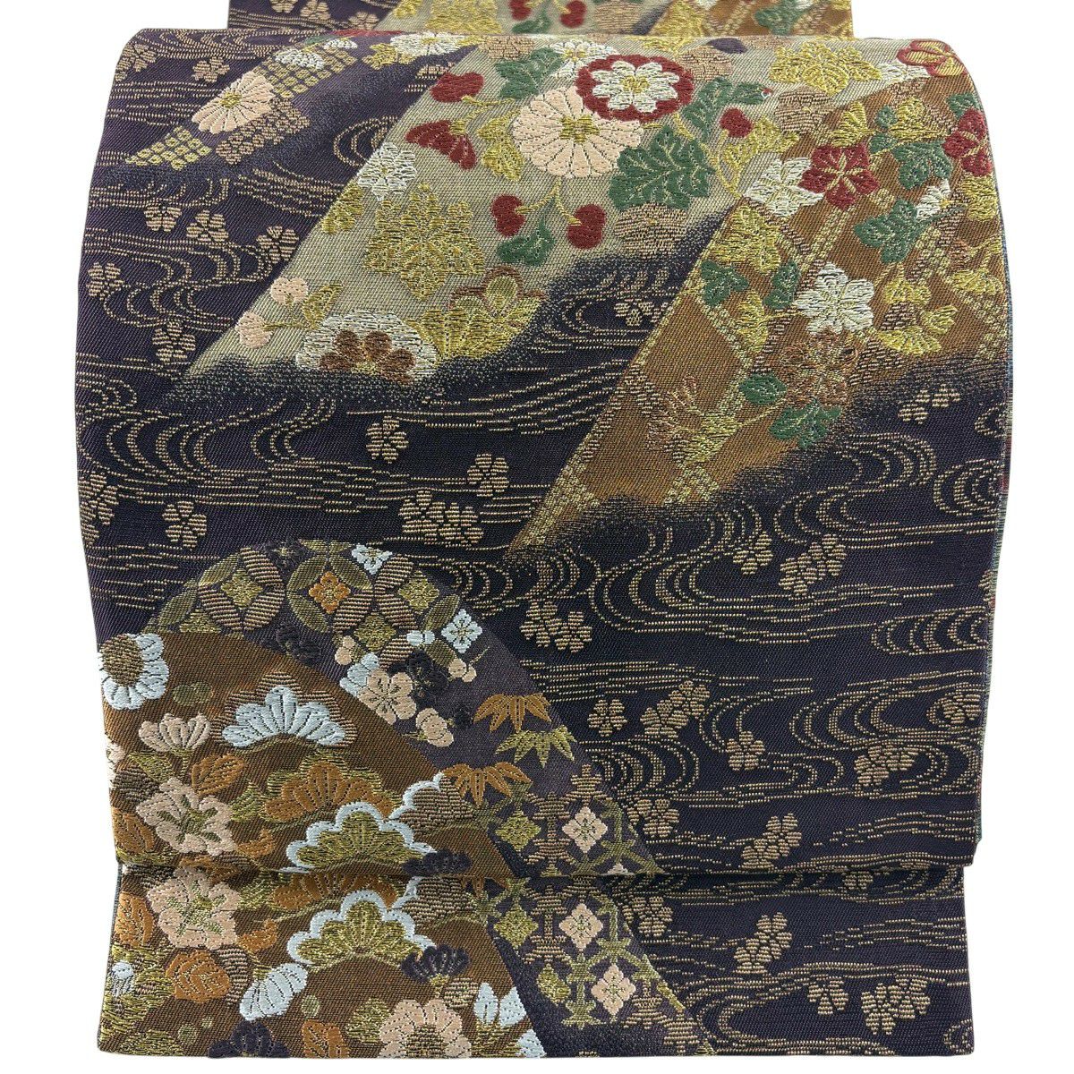【美品】 袋帶 名品級 草花紋 流水 金絲 金金箔 紫色 大鼓圖案 純蠶絲