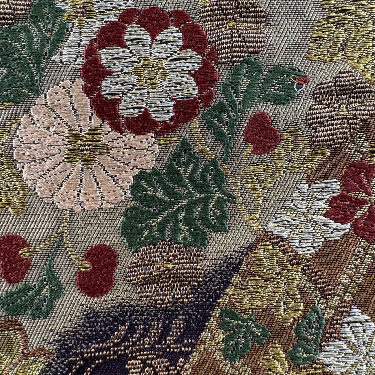 【美品】 袋帶 名品級 草花紋 流水 金絲 金金箔 紫色 大鼓圖案 純蠶絲