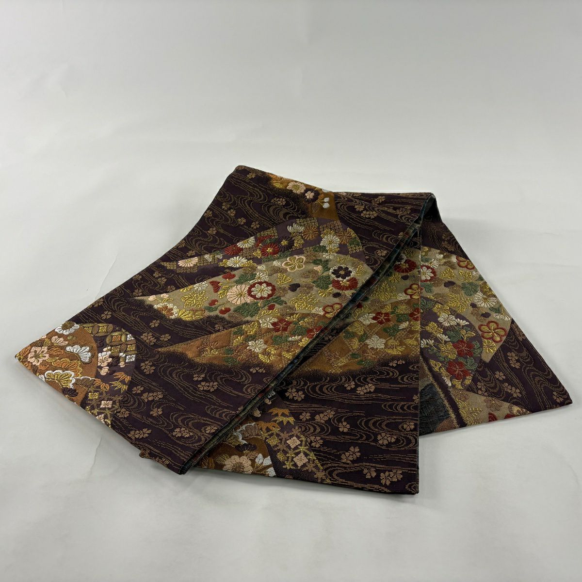 【美品】 袋帶 名品級 草花紋 流水 金絲 金金箔 紫色 大鼓圖案 純蠶絲