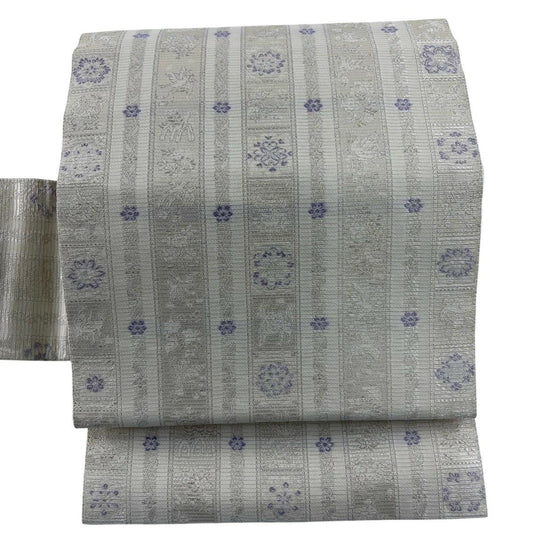 【美品】 名古屋帶 名品級 夏帶 絽 花 縞 刺繡 銀線 灰白 純蠶絲