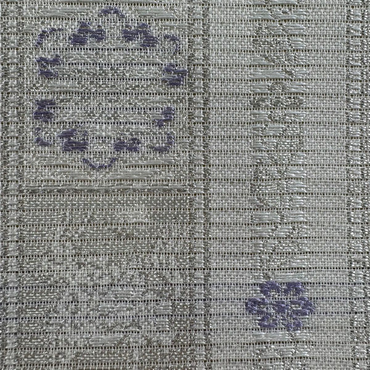 【美品】 名古屋帶 名品級 夏帶 絽 花 縞 刺繡 銀線 灰白 純蠶絲
