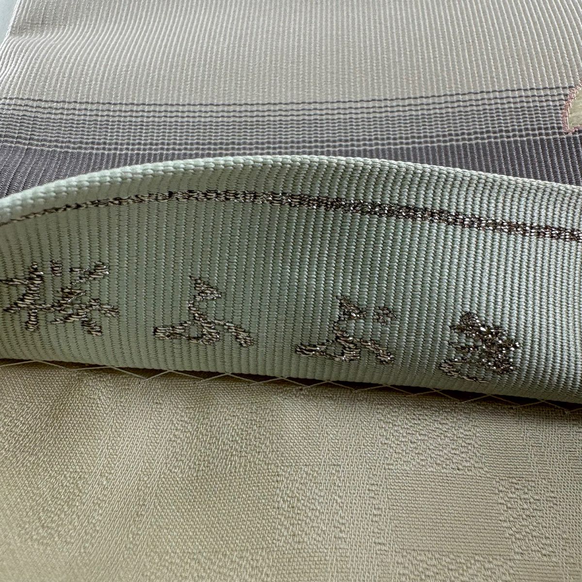 袋帶 名品級 櫻花紛飛 段紋 刺繡 金金箔 淺紫 六通 純蠶絲