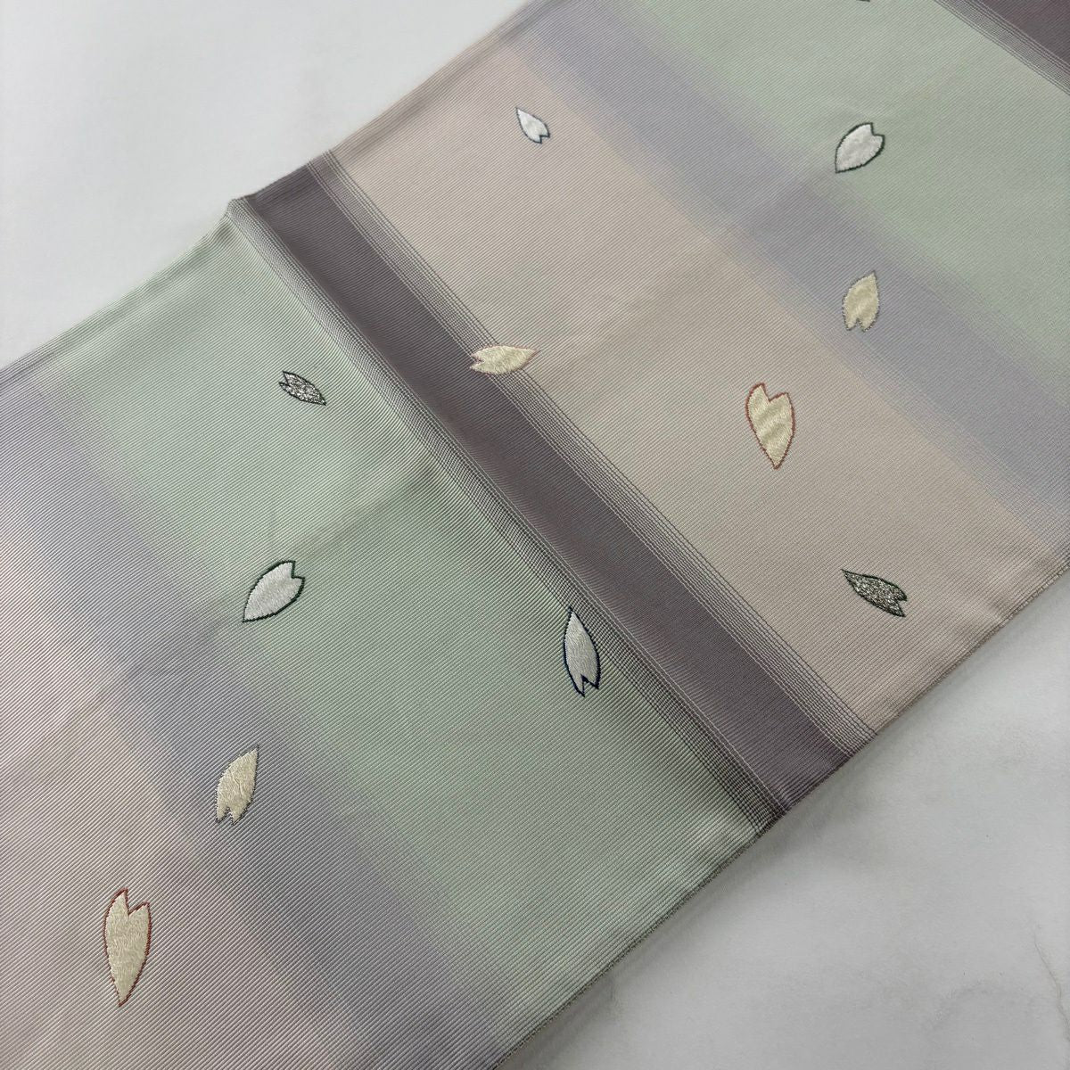 袋帶 名品級 櫻花紛飛 段紋 刺繡 金金箔 淺紫 六通 純蠶絲
