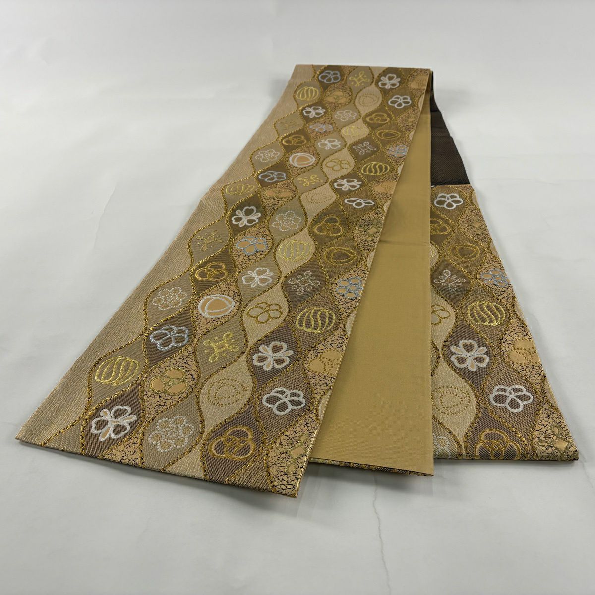 【美品】 袋帶 名品級 大和 立湧 花 金金箔 金絲 金色 六通 純蠶絲