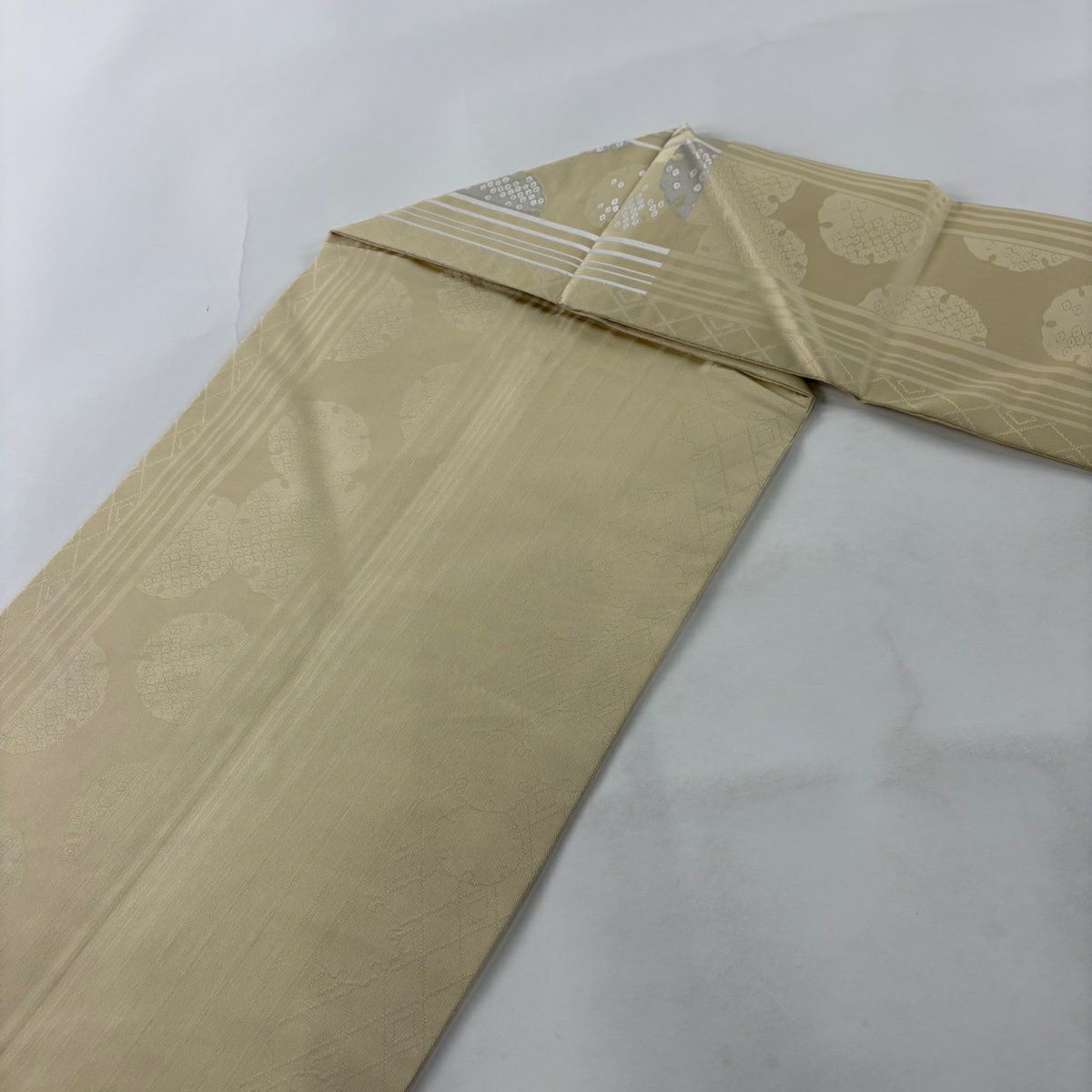 【美品】名古屋帶 名品級 雪輪 紋 絲繡 米色 純蠶絲