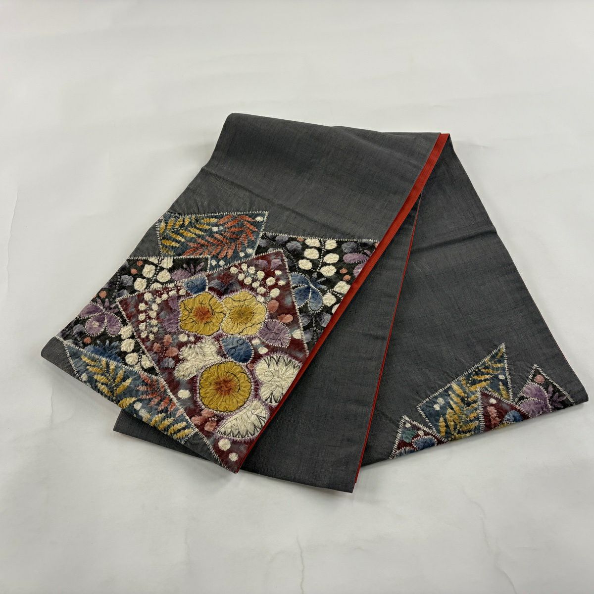 【美品】 袋帶 名品級 紬織織 辻花染 金通 灰色 お太鼓圖案 純蠶絲