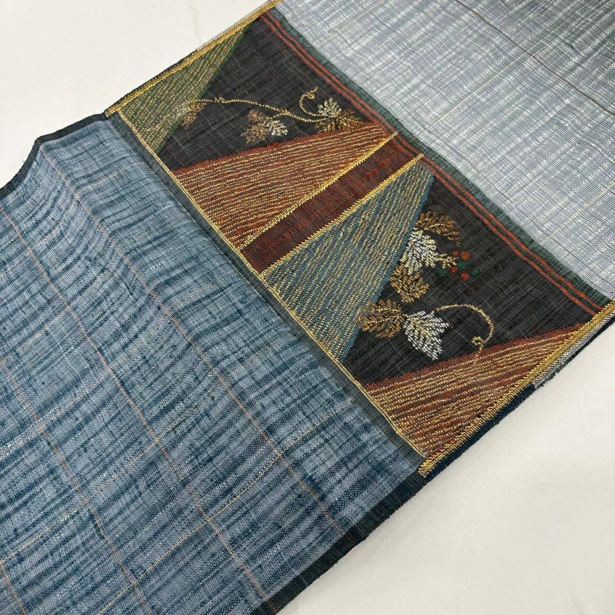 【美品】 袋帶 名品級 渡文 落款あり 雙面 葉與實 縞紋 金銀彩 青灰 紋樣 純蠶絲