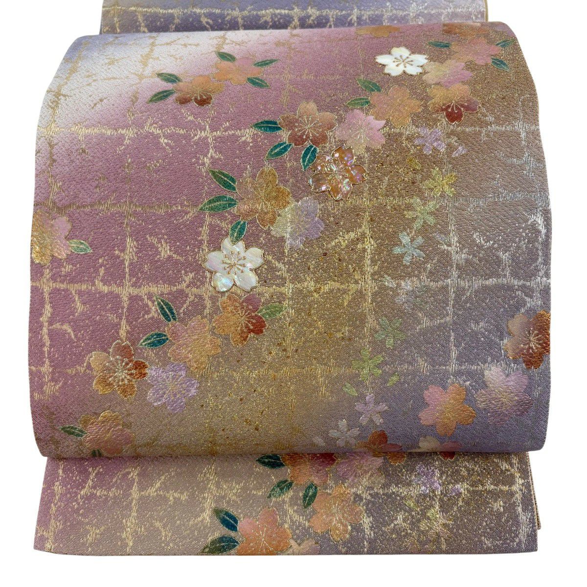 【美品】 袋帶 名品級櫻花格子金絲金銀彩粉紅色お太鼓圖案純蠶絲
