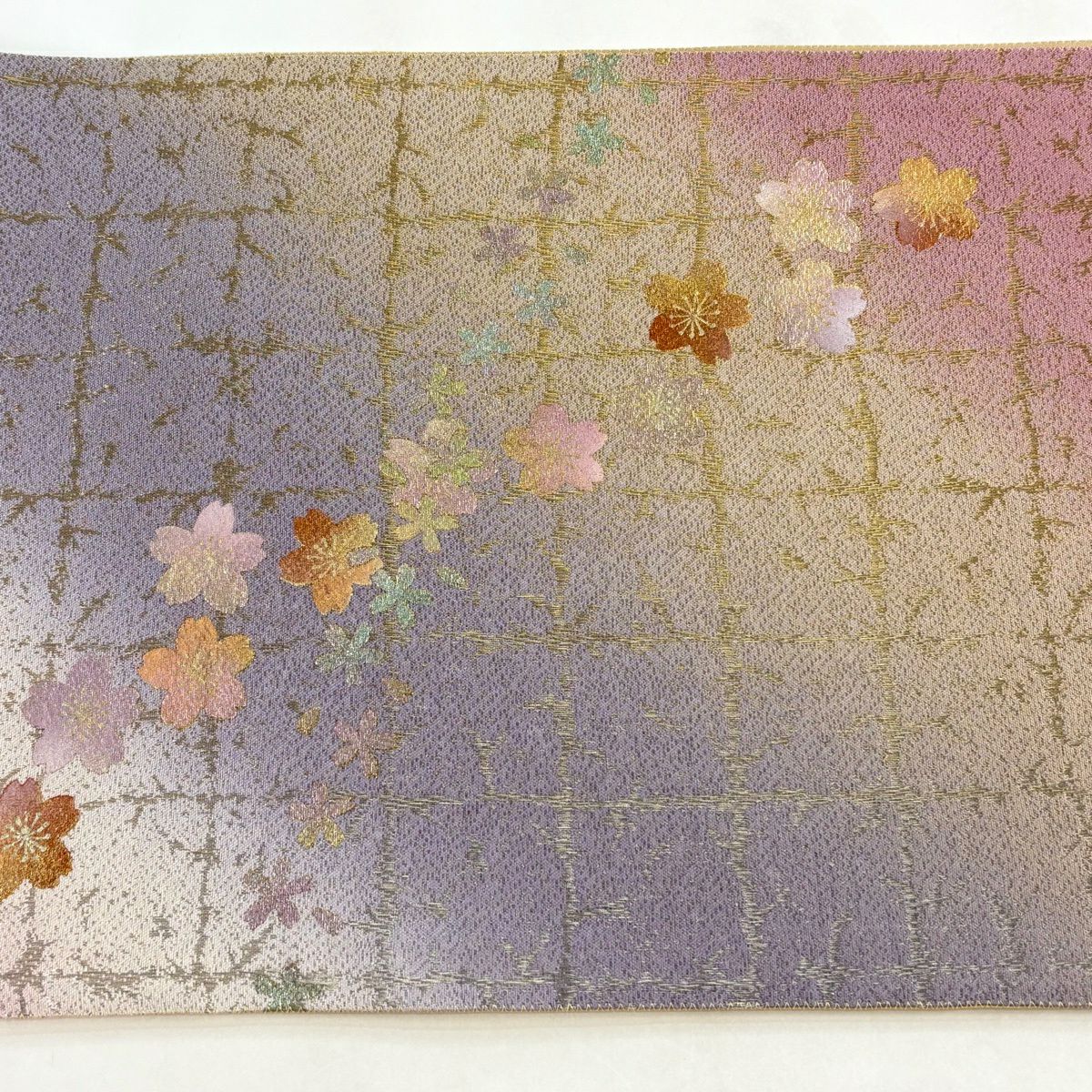 【美品】 袋帶 名品級櫻花格子金絲金銀彩粉紅色お太鼓圖案純蠶絲