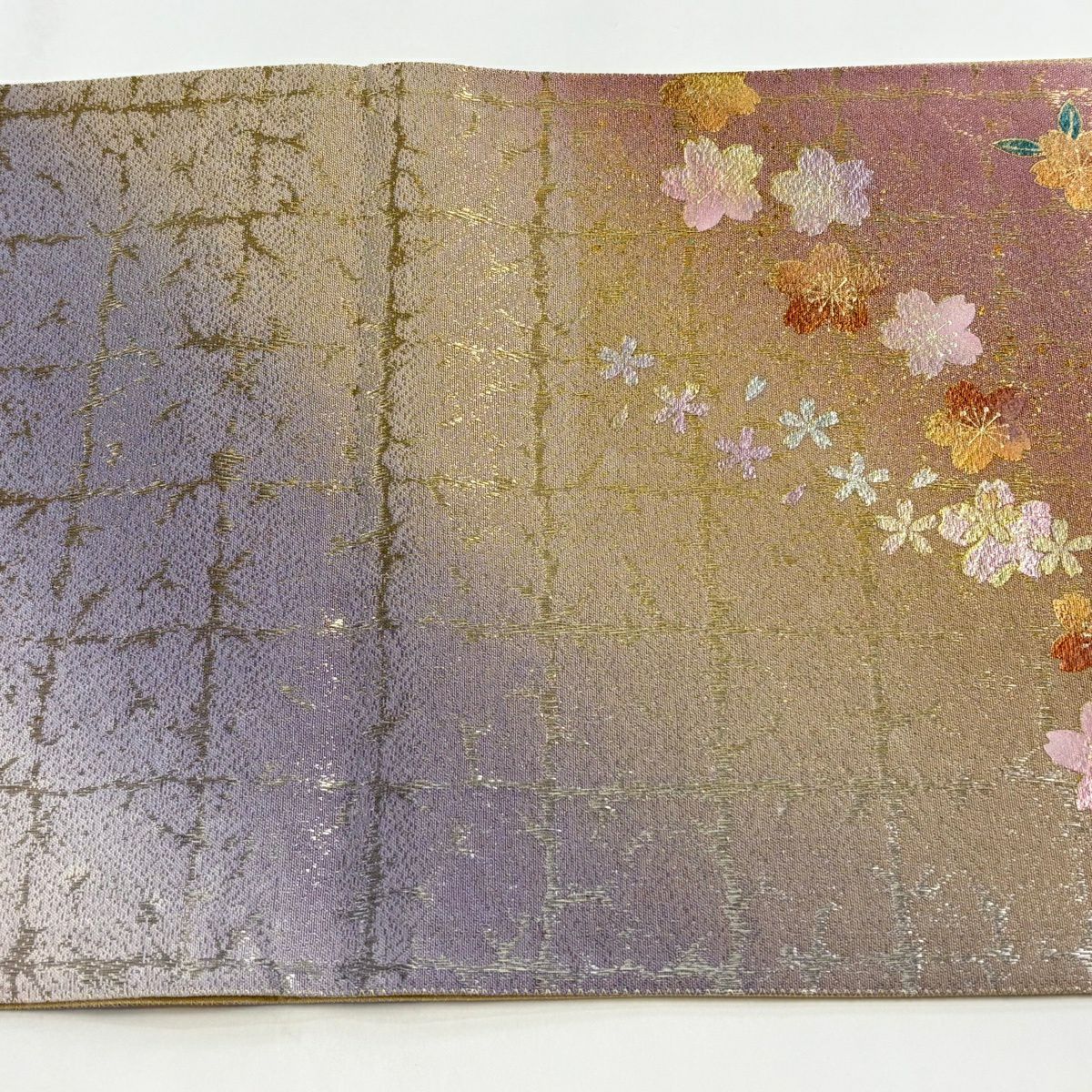 【美品】 袋帶 名品級櫻花格子金絲金銀彩粉紅色お太鼓圖案純蠶絲