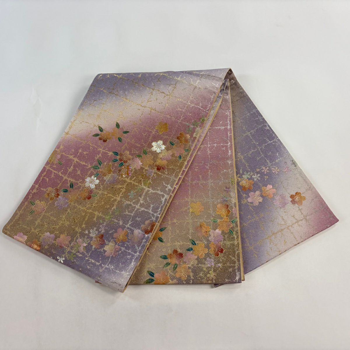 【美品】 袋帶 名品級櫻花格子金絲金銀彩粉紅色お太鼓圖案純蠶絲