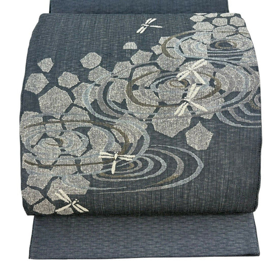 【美品】 袋帶 名品級 夏帶 蜻蜓 波紋 金金箔 青灰 純蠶絲