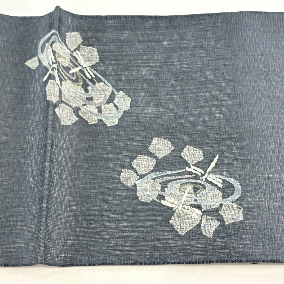【美品】 袋帶 名品級 夏帶 蜻蜓 波紋 金金箔 青灰 純蠶絲