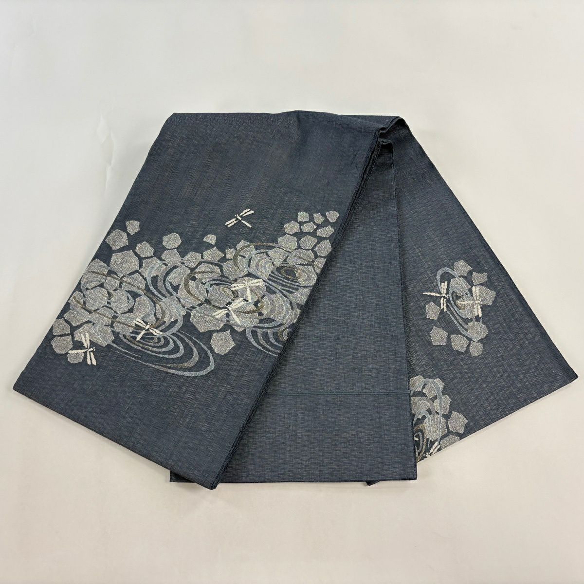 【美品】 袋帶 名品級 夏帶 蜻蜓 波紋 金金箔 青灰 純蠶絲