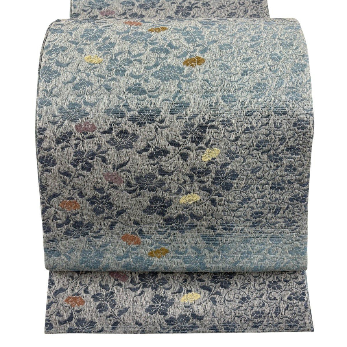【美品】 袋帶 名品級 段紋 草花紋 淺藍色 全通 純蠶絲