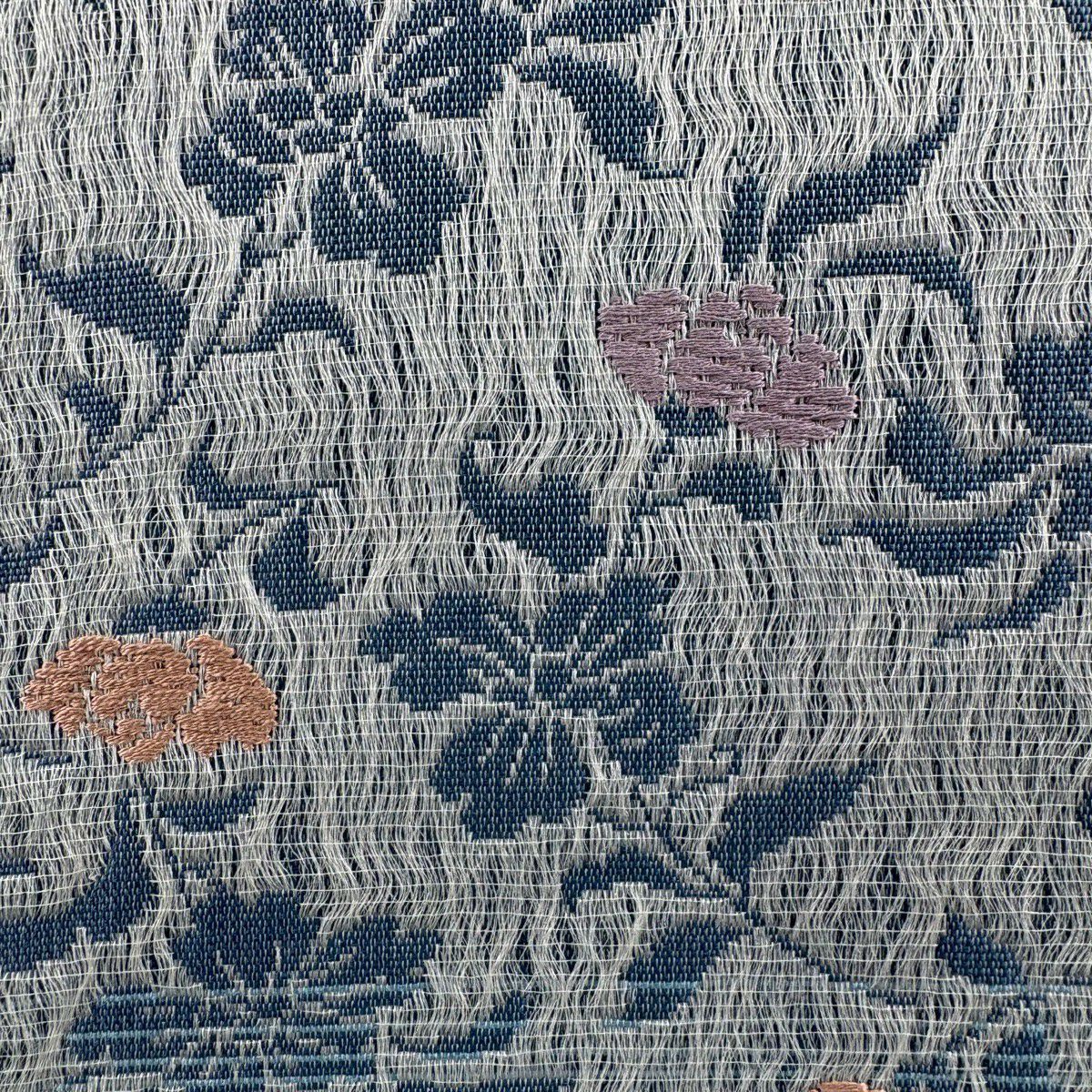 【美品】 袋帶 名品級 段紋 草花紋 淺藍色 全通 純蠶絲
