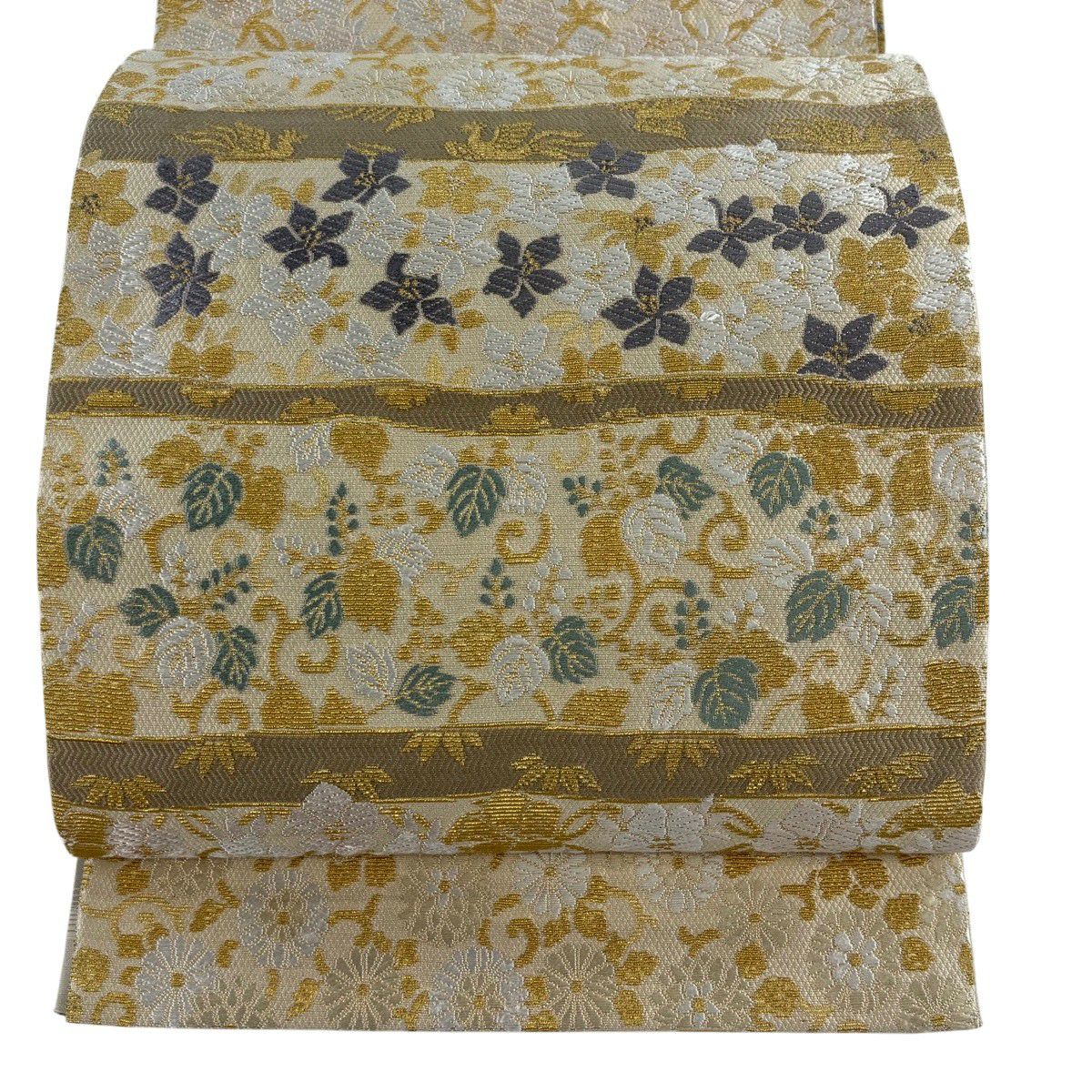 【美品】 袋帶 名品級 雙面 花唐草紋 麻葉 金華山織 刺繡 米色 大鼓圖案 純蠶絲
