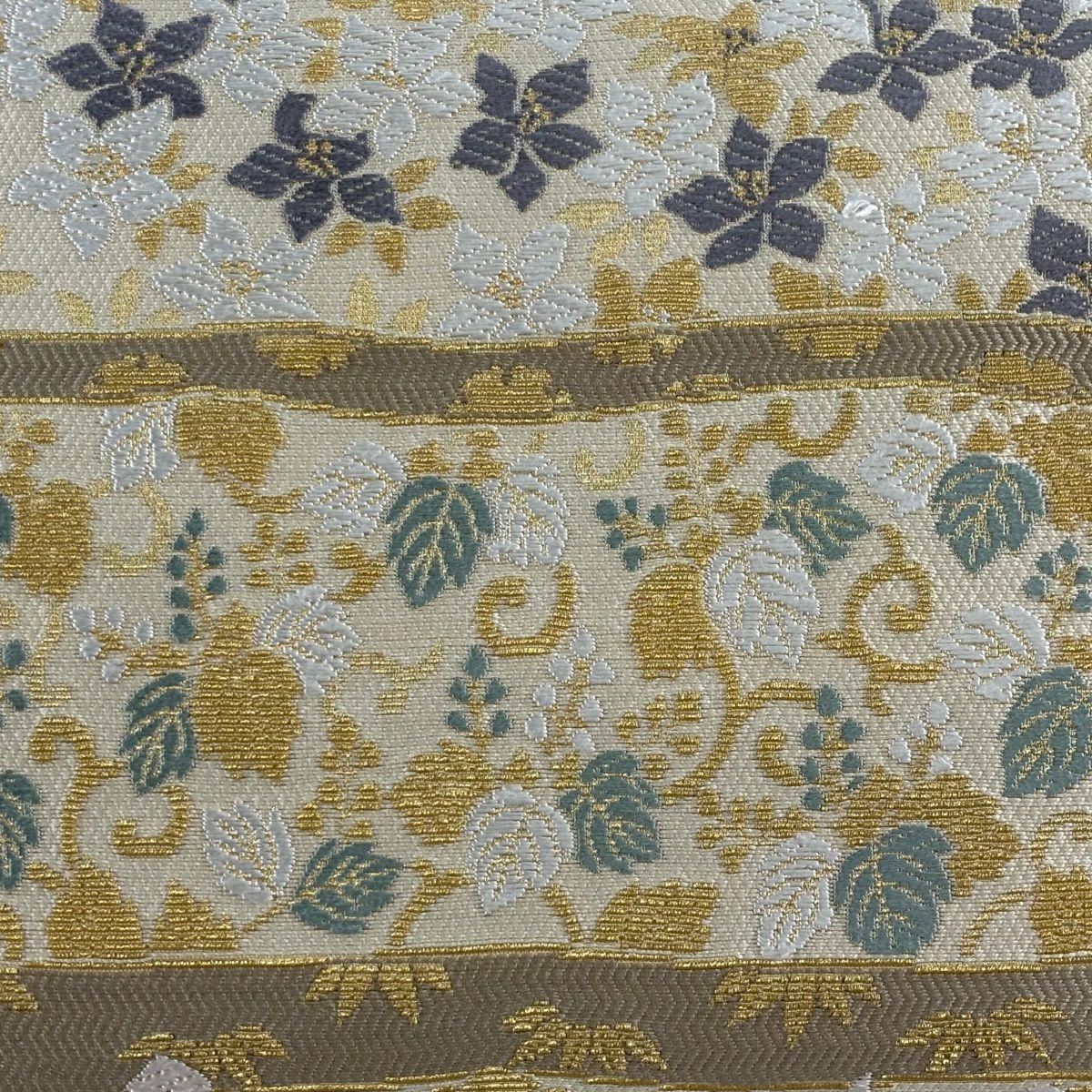 【美品】 袋帶 名品級 雙面 花唐草紋 麻葉 金華山織 刺繡 米色 大鼓圖案 純蠶絲