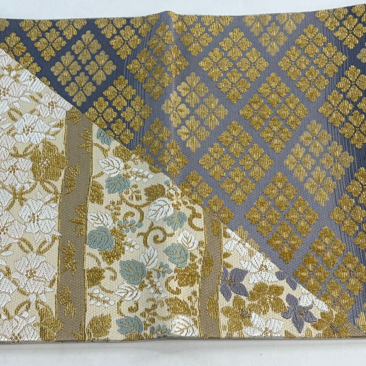【美品】 袋帶 名品級 雙面 花唐草紋 麻葉 金華山織 刺繡 米色 大鼓圖案 純蠶絲