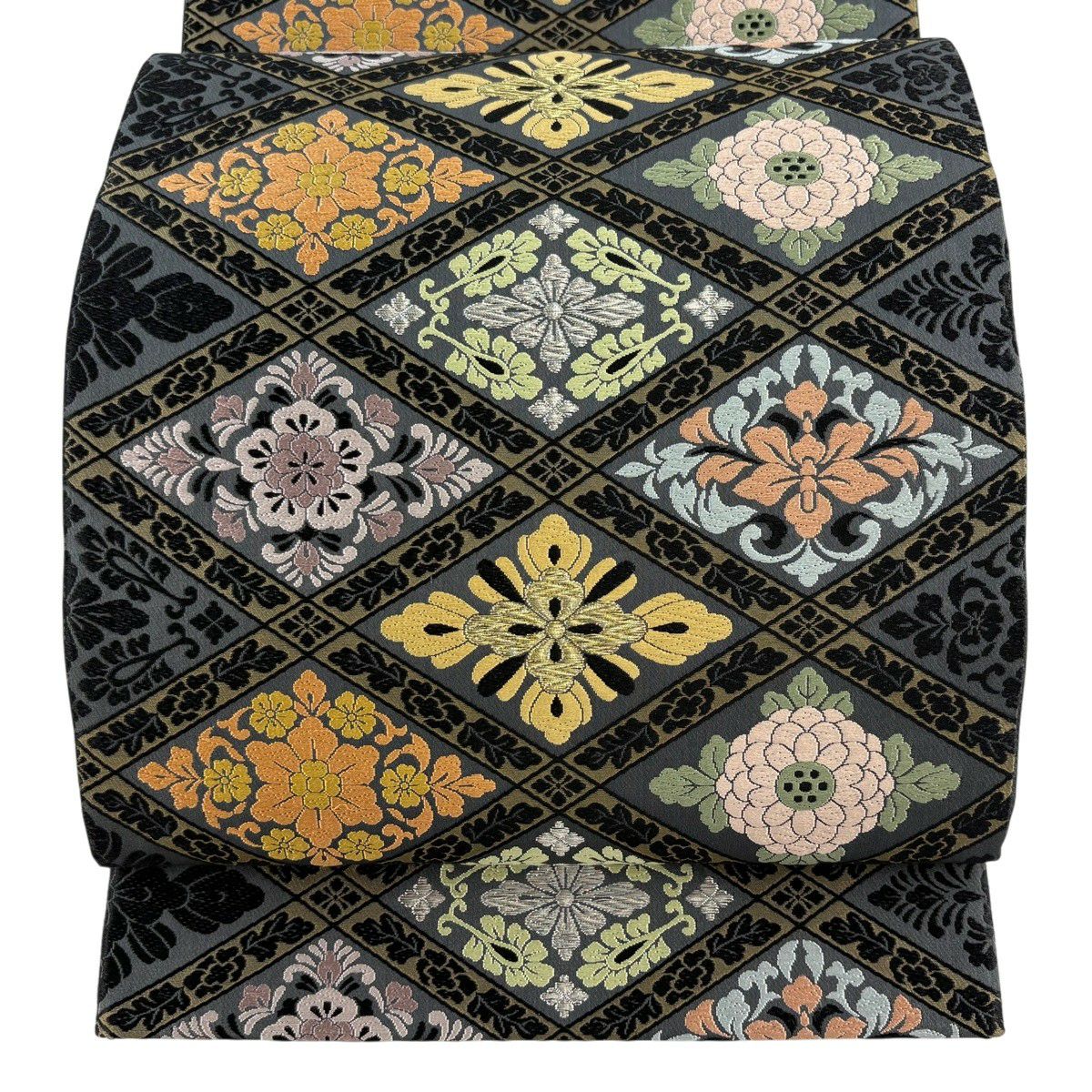 【美品】 袋帶 名品級 菱 草花紋 刺繡 金銀彩 灰 深藍 六通 純蠶絲