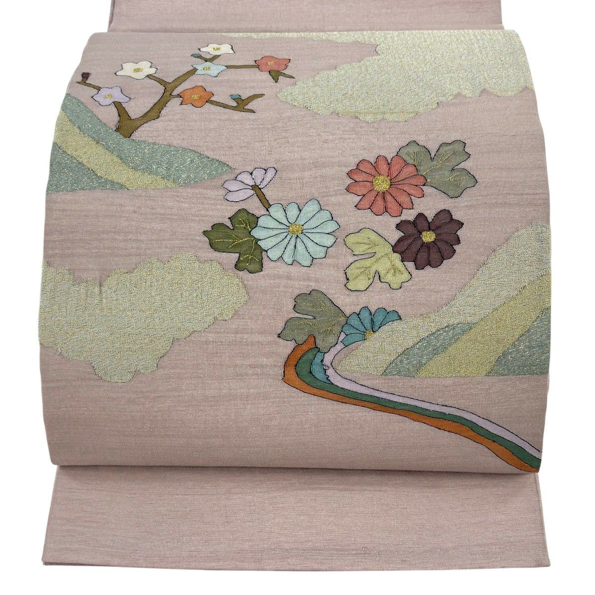 【美品】 袋帶 名品級 菊花 雲文 金絲 金金箔 淺粉色 大鼓圖案 純蠶絲