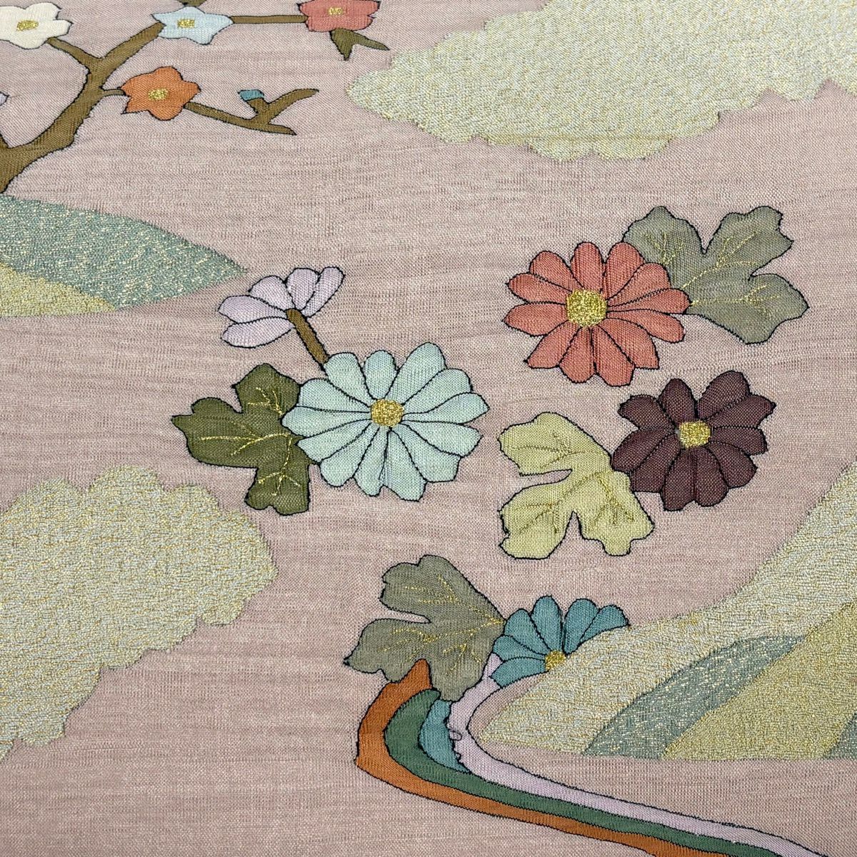 【美品】 袋帶 名品級 菊花 雲文 金絲 金金箔 淺粉色 大鼓圖案 純蠶絲