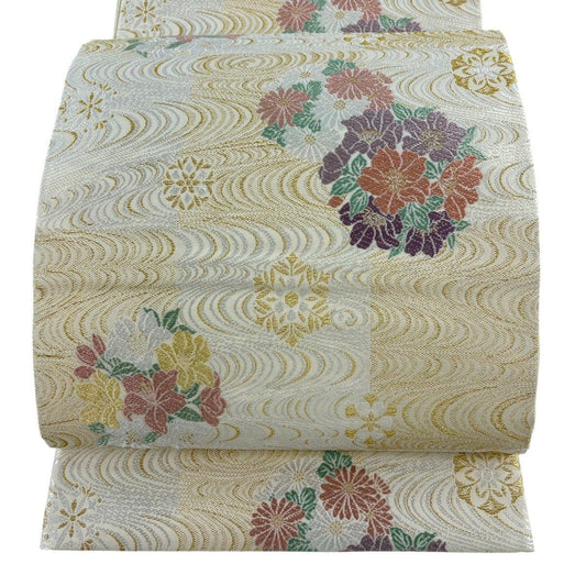 袋帶 名品級 花丸紋 華紋 刺繡 金絲 米色 六通 純蠶絲