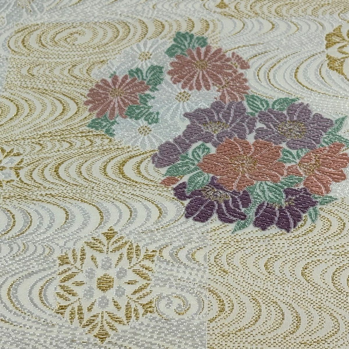 袋帶 名品級 花丸紋 華紋 刺繡 金絲 米色 六通 純蠶絲
