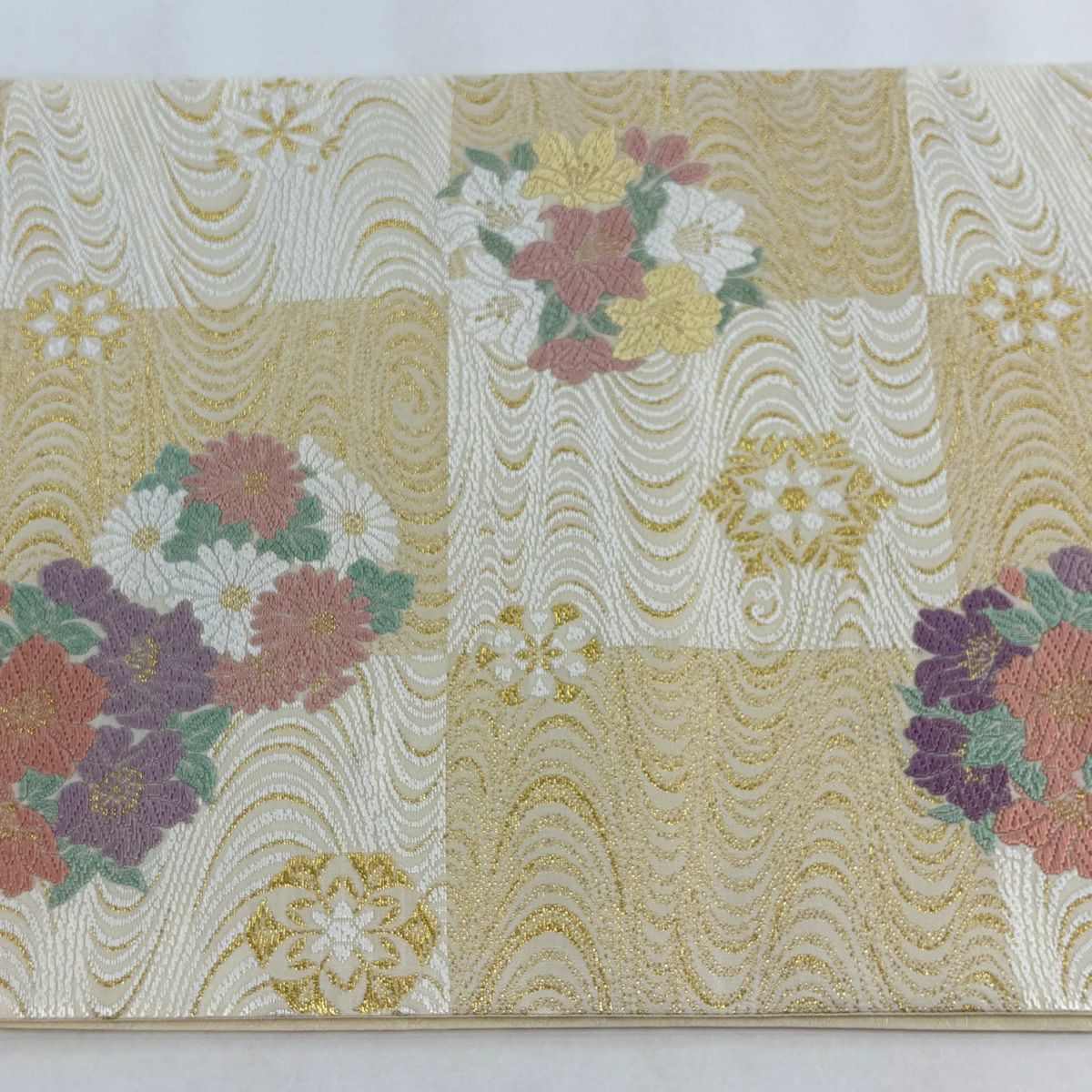 袋帶 名品級 花丸紋 華紋 刺繡 金絲 米色 六通 純蠶絲